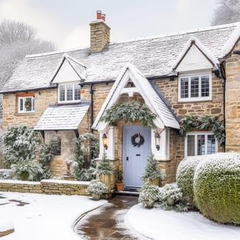 Beautiful country cottage decorated for Christmas on a snowy winter day, holiday and celebration, post-processed, generative ai