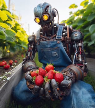 robot working in farm vegetable garden to grow produce for human consumption ai generated