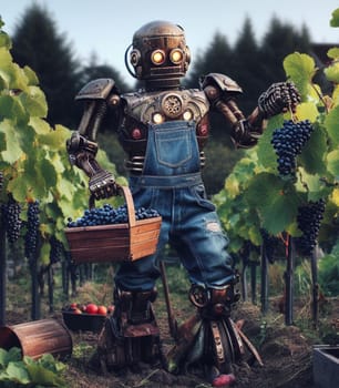 robot working in the farm vegetable garden to grow produce for human consumption ai generated