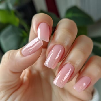 A close up of a persons nails with pink nail polish, showcasing a flawless manicure. The liquid cosmetics enhance the finger gestures, promoting nail care and beauty