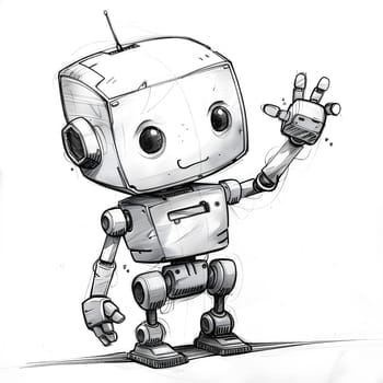 A monochrome drawing of a fictional character robot waving, created with artistic style. Its a gesture portrayed in an illustration, resembling a machine from an animated cartoon