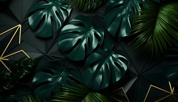 A captivating display of creative design featuring tropical green leaves entwined with shimmering gold triangles on a dramatic black background. The intricate arrangement forms a mesmerizing visual composition that sparks intrigue and artistic wonder.