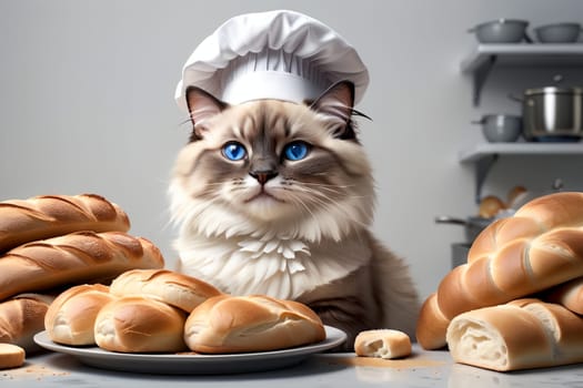 cute cat in a chef's hat with baked fresh bread .
