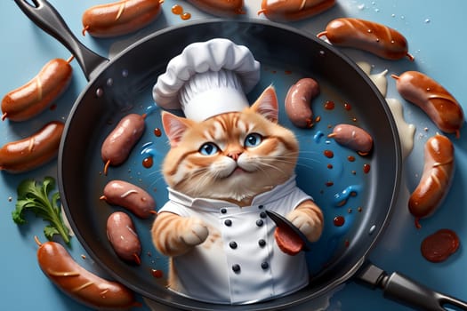 professional chef cat frying sausages in a frying pan ,view from above