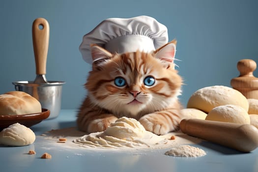 Professional chef, cute cat in a chef's hat kneads dough for bread .