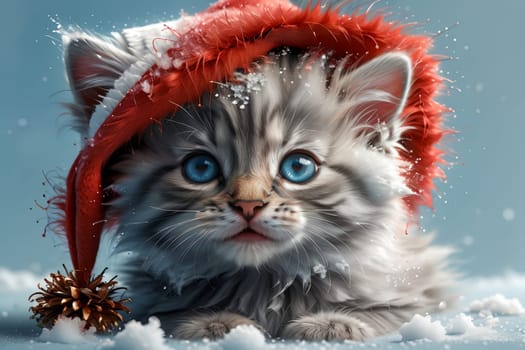 Cute kitten in a New Year's holiday hat in the snow, isolated on a blue background. New Year card .