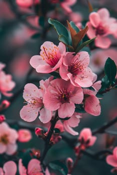 A closeup of pink flowers on a tree branch, showcasing the delicate petals of this flowering plant in full bloom