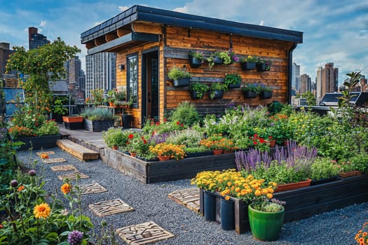 Urban rooftop garden with plants and flowers against the backdrop of a big city