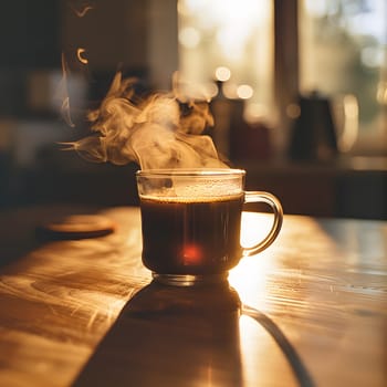 A wooden cup filled with a hot liquid, steam rising from the drinkware on the table. The tints and shades of the coffee create a cozy atmosphere