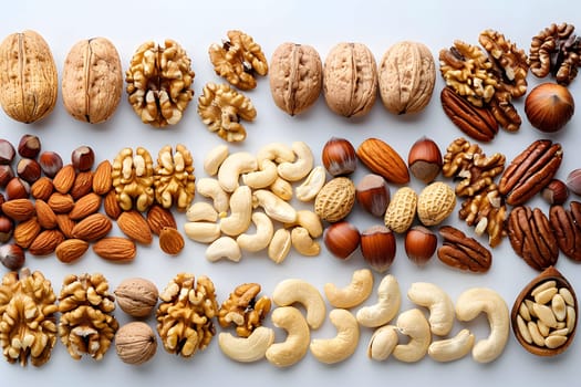 An assortment of nuts, a plantbased superfood, are displayed on a table. These natural foods can be used as ingredients in various cuisines