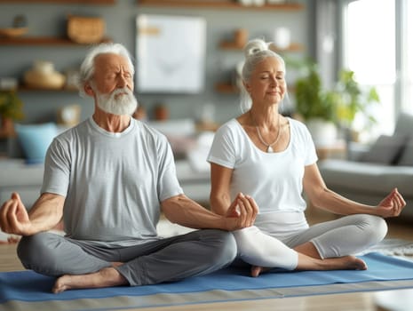 Mature Couple is Practicing Yoga. Happy Healthy People, Wellbeing Concept. Ai generated