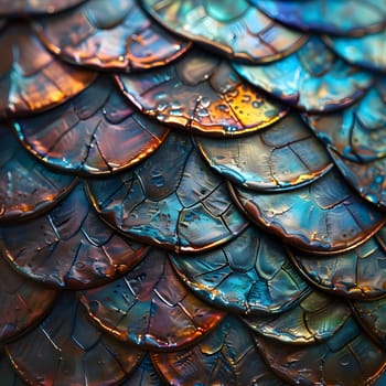 A stunning close up of a dragons scales reveals a mesmerizing pattern resembling tints and shades of liquid rainbow colors, like an electric blue glass artwork