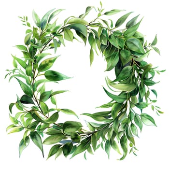 A wreath made of evergreen plant twigs and leaves from the hemp family, creating a natural and elegant decoration on a white background