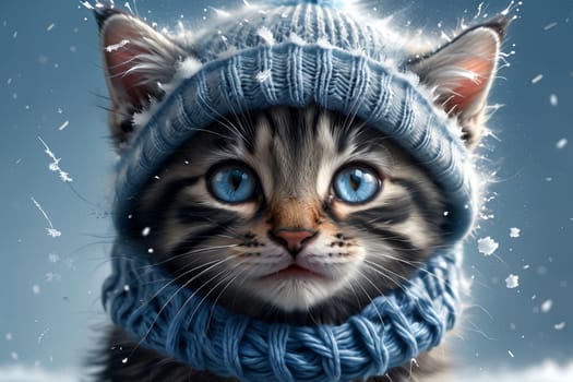 winter, snow, cat in a warm hat .