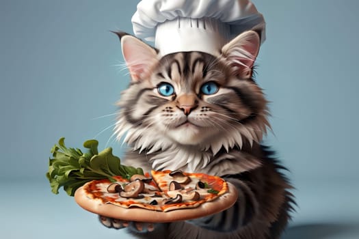 Professional chef, cute cat in a chef's hat prepares pizza .