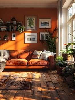 A living room with a cozy couch, chair, rug, and plants. The propertys interior design features wood furniture, creating a comfortable space with ample lighting