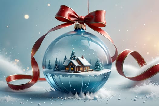 New Year's festive ball in the snow, isolated on a blue background. New Year card .