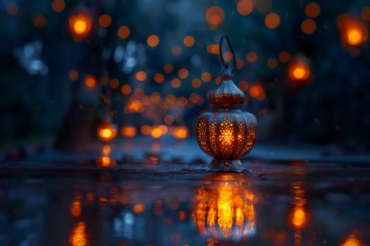 Muslim Arabian Lantern is lighting at night. Beautiful Lanterns Outdoors Background. Blurred Bokeh Lights Wallpaper. Ai generated