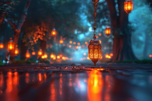 Muslim Arabian Lantern is lighting at night. Beautiful Lanterns Outdoors Background. Blurred Bokeh Lights Wallpaper. Ai generated