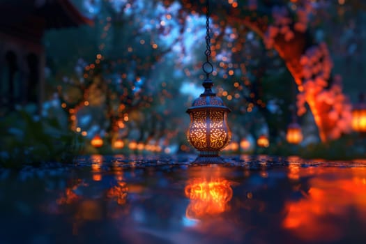 Muslim Arabian Lantern is lighting at night. Beautiful Lanterns Outdoors Background. Blurred Bokeh Lights Wallpaper. Ai generated