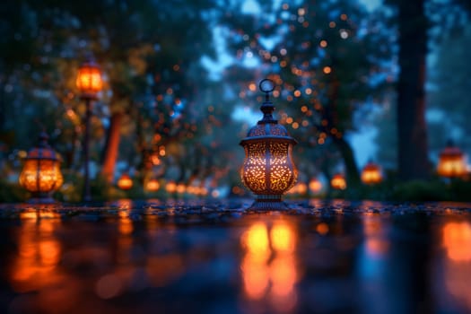 Muslim Arabian Lantern is lighting at night. Beautiful Lanterns Outdoors Background. Blurred Bokeh Lights Wallpaper. Ai generated