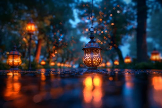 Muslim Arabian Lantern is lighting at night. Beautiful Lanterns Outdoors Background. Blurred Bokeh Lights Wallpaper. Ai generated