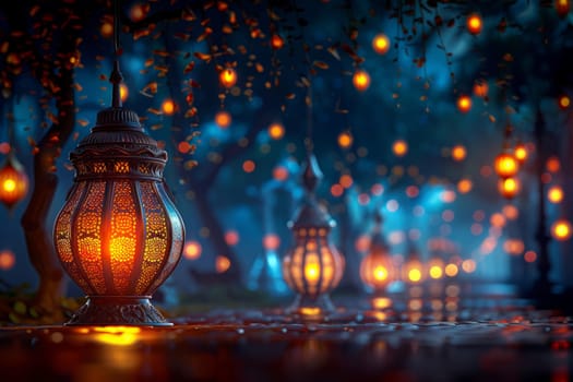 Muslim Arabian Lantern is lighting at night. Beautiful Lanterns Outdoors Background. Blurred Bokeh Lights Wallpaper. Ai generated