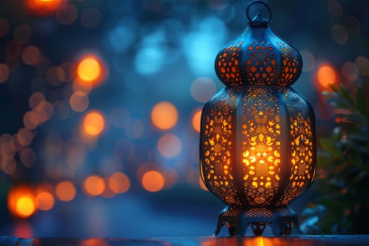 Muslim Arabian Lantern is lighting at night. Beautiful Lanterns Outdoors Background. Blurred Bokeh Lights Wallpaper. Ai generated