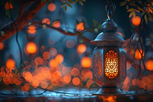 Muslim Arabian Lantern is lighting at night. Beautiful Lanterns Outdoors Background. Blurred Bokeh Lights Wallpaper. Ai generated