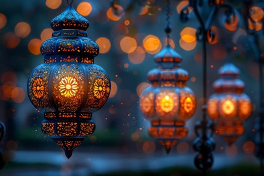 Muslim Arabian Lantern is lighting at night. Beautiful Lanterns Outdoors Background. Blurred Bokeh Lights Wallpaper. Ai generated