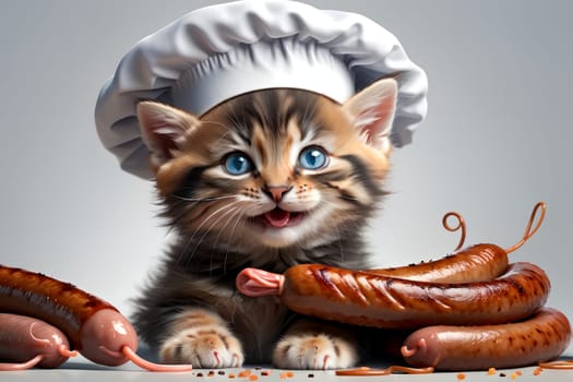 cute cat in a chef's hat with cooked meat sausage .