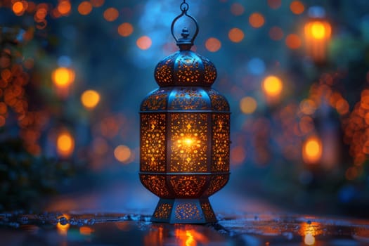 Muslim Arabian Lantern is lighting at night. Beautiful Lanterns Outdoors Background. Blurred Bokeh Lights Wallpaper. Ai generated