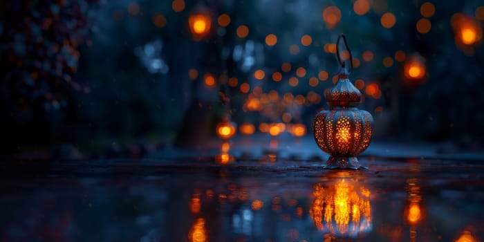 Muslim Arabian Lantern is lighting at night. Beautiful Lanterns Outdoors Background. Blurred Bokeh Lights Wallpaper. Ai generated