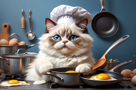 professional chef cat frying scrambled eggs in a frying pan .