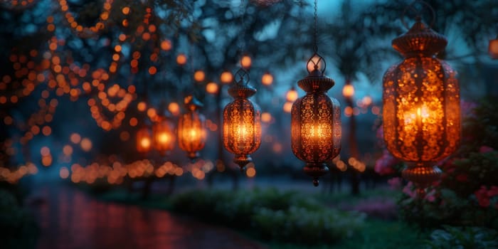 Muslim Arabian Lantern is lighting at night. Beautiful Lanterns Outdoors Background. Blurred Bokeh Lights Wallpaper. Ai generated