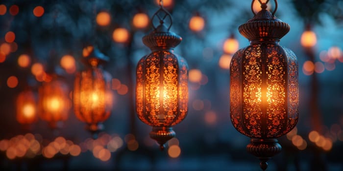 Muslim Arabian Lantern is lighting at night. Beautiful Lanterns Outdoors Background. Blurred Bokeh Lights Wallpaper. Ai generated