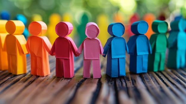 Colorful wooden people standing in a row on a wooden table. Rainbow People Figures Representing Diversity and Communication Concept. Teamwork and Collaboration. Ai generated