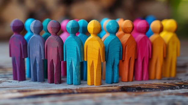 Colorful wooden people standing in a row on a wooden table. Rainbow People Figures Representing Diversity and Communication Concept. Teamwork and Collaboration. Ai generated