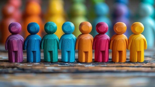 Colorful wooden people standing in a row on a wooden table. Rainbow People Figures Representing Diversity and Communication Concept. Teamwork and Collaboration. Ai generated