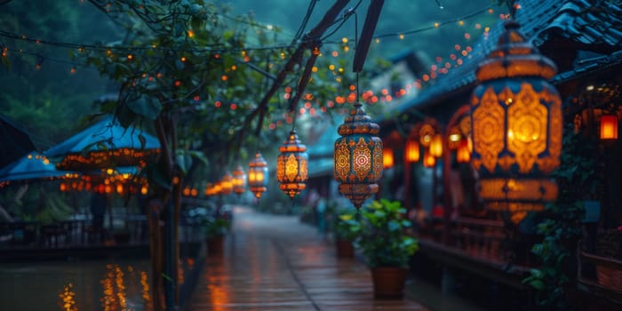 Muslim Arabian Lantern is lighting at night. Beautiful Lanterns Outdoors Background. Blurred Bokeh Lights Wallpaper. Ai generated