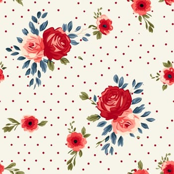 Seamless pattern, tileable floral country holiday print with roses, dots and flowers for wallpaper, wrapping paper, scrapbook, fabric and polka dot roses product design idea