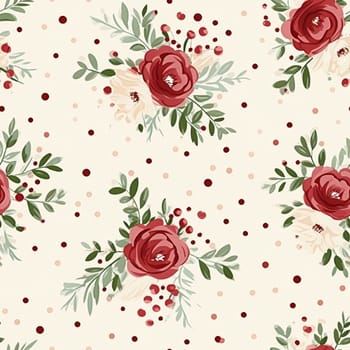 Seamless pattern, tileable Christmas holiday floral, country flowers dots print, English countryside roses for wallpaper, wrapping paper, scrapbook, fabric and product design motif