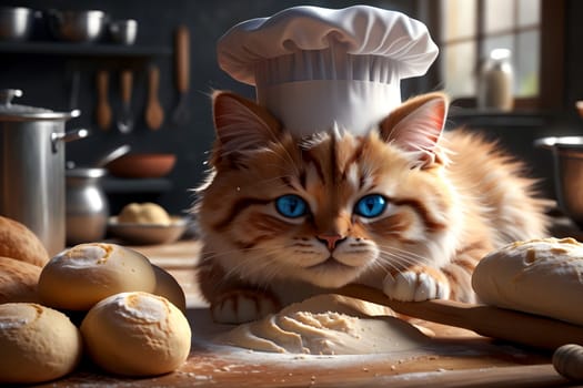 Professional chef, cute cat in a chef's hat kneads dough for bread .