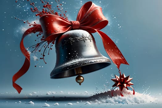 New Year's holiday bell in the snow, isolated on a blue background. New Year card .