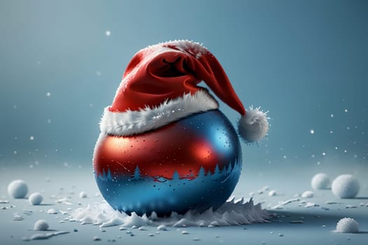 New Year's festive ball in the snow, isolated on a blue background. New Year card .