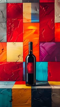 A glass bottle of red wine is displayed on a shelf in front of a colorful wall that resembles a painted picture frame, turning the scene into a piece of art