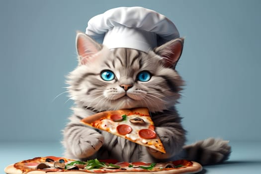 Professional chef, cute cat in a chef's hat prepares pizza .