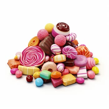 Composition with Chocolate, Candies, Lollipop and Sweets on White Background.