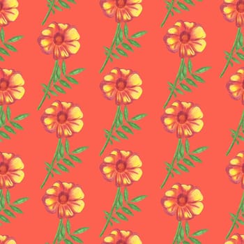 Marigold Flower Seamless Pattern. Hand Drawn Floral Digital Paper on Red Background.