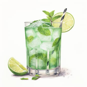 Mojito Cocktail Day with Lemon, Ice, Lemon Lime and Mint Leaves. Hand Drawn Coctail Day Sketch on White Background.